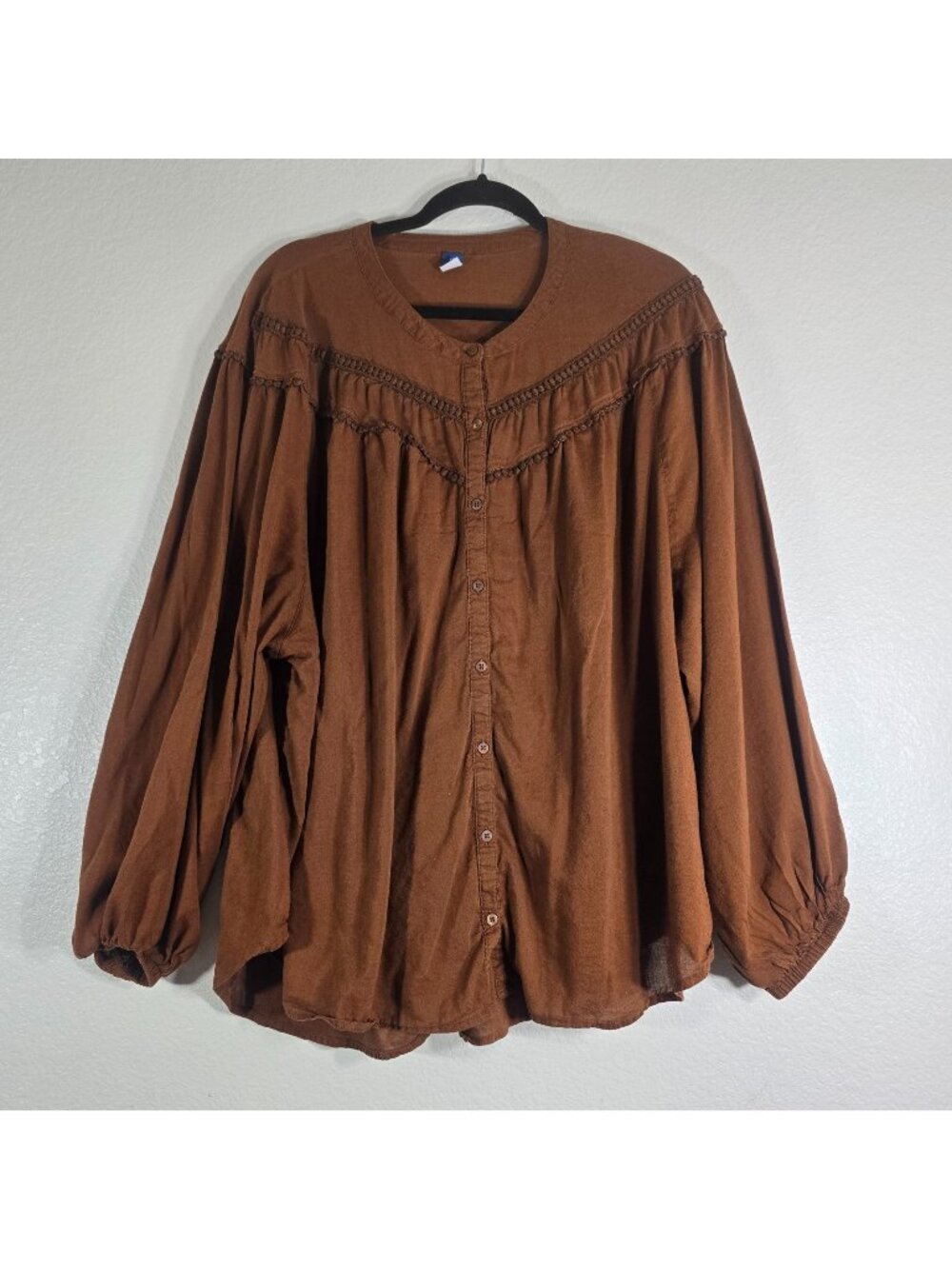 Old Navy Blouse Top Women 2XL Tall Brown Button Balloon Sleeves Cowgirl Boho - Picture 1 of 7